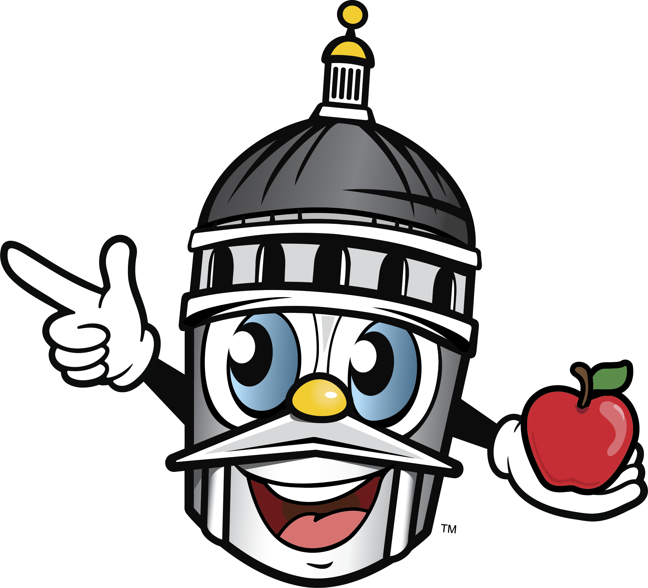 Cartoon capitol building Cappy holding an apple